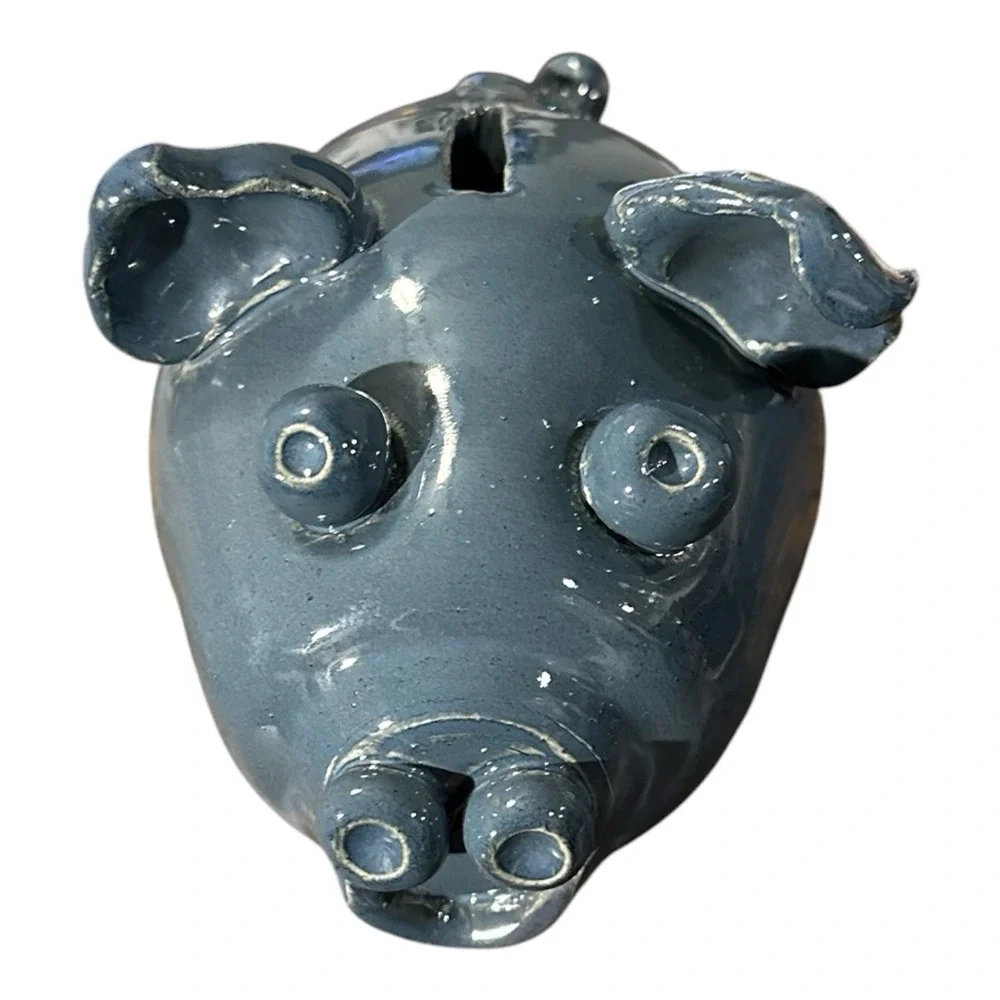 Handmade Studio Pottery Blue/Gray Ceramic Pig Piggy Bank Cork Stopper Folk Art